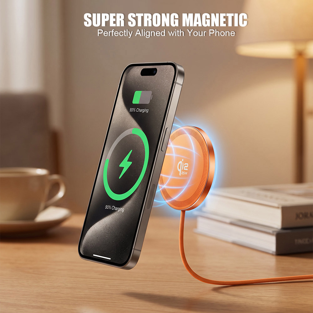 25W magnetic wireless charger product package with charger pad, 6.6ft cable,